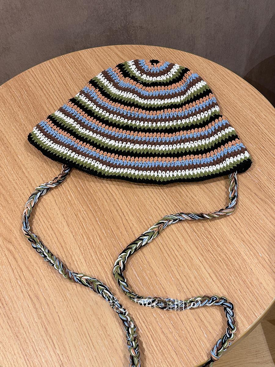 

Niche design color matching striped handmade knitted bucket hat female face small cute lace-up basin hat sun hat average size морська хвиля