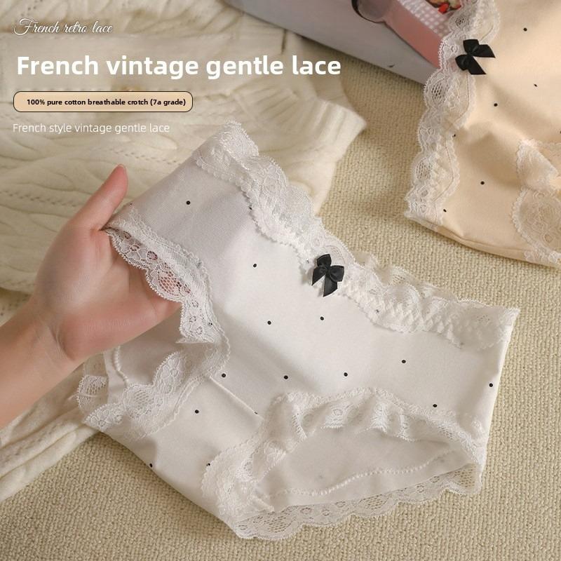 Lady Spring and Autumn Sweet Lace Polka Dot Cotton Antibacterial File Waist Not Clip Hip Breathable No Trace Briefs