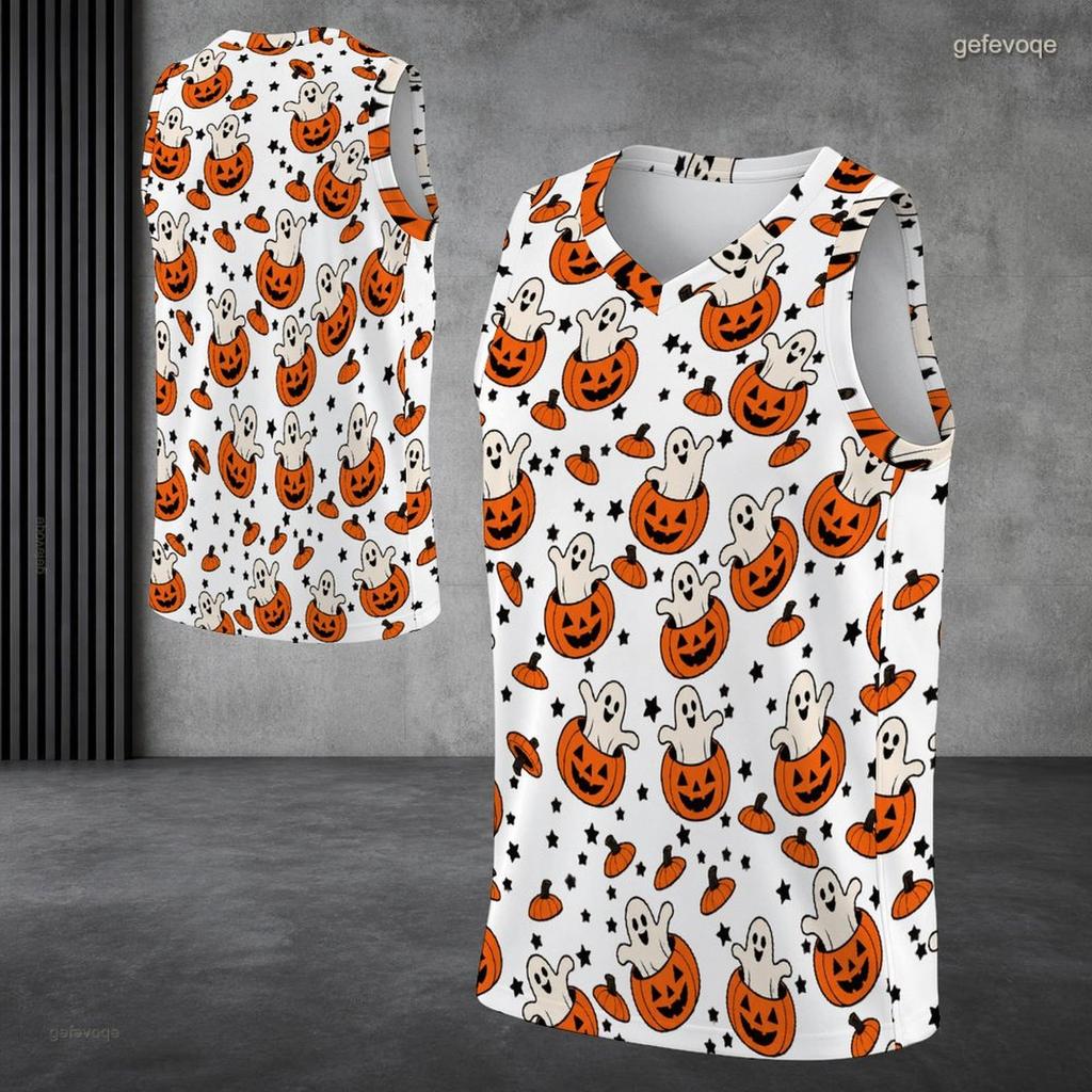 Men Plus Size V Neck Sleeveless Tank Top Halloween Mummy Pumpkin Printed White