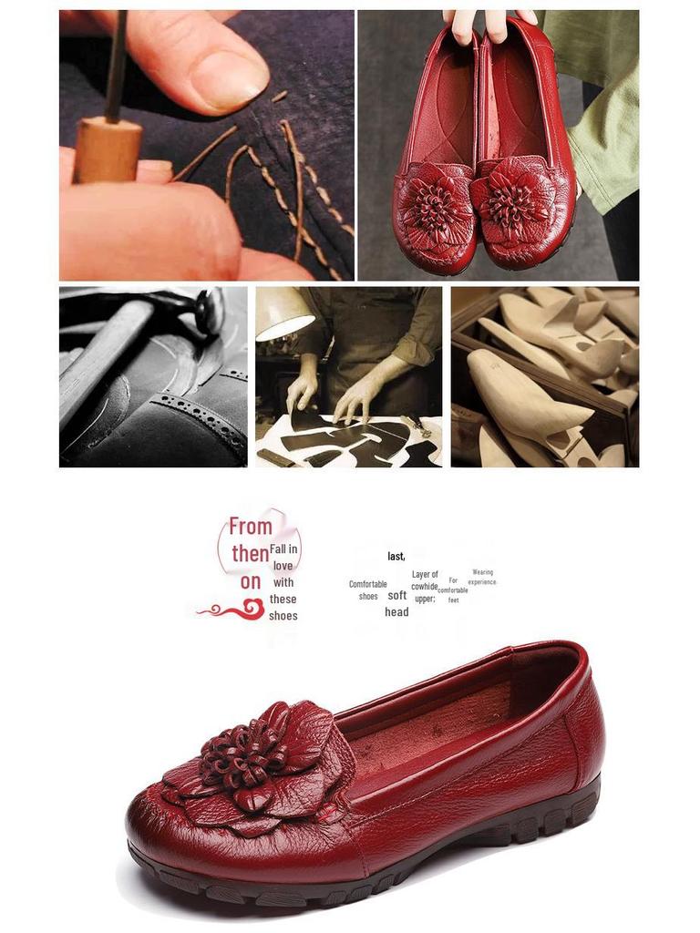 Women's Genuine Leather Non-slip Flat Shoes - Comfortable Round Toe for Middle-aged & Elderly