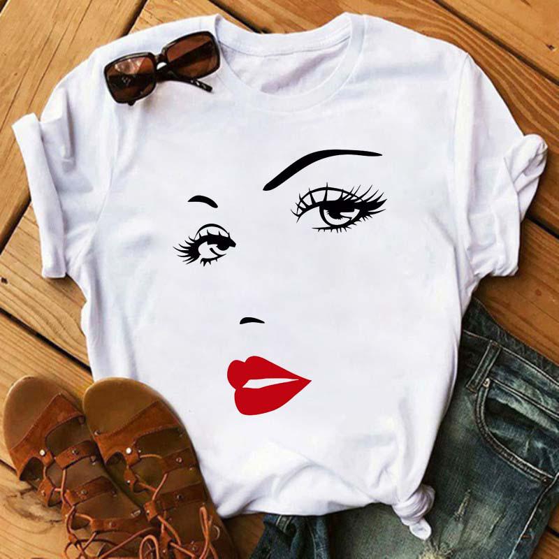 

Maycaur New Cute Eye Lashes Red Lips Print Women T Shirt Summer Casual Short Sleeve O Neck Tshirt Fashion Ladies Shirt Tops S