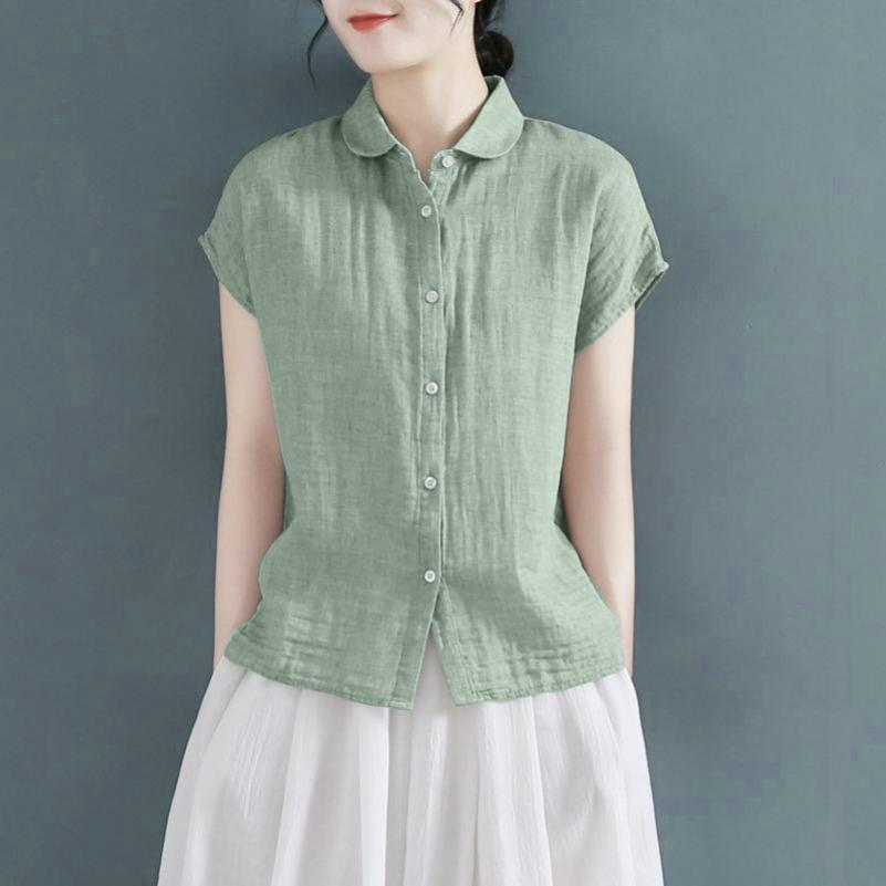 Cotton and Linen Shirt Ladies Sleeveless Blouse Summer Literary Casual Large Size Temperament Fashion Solid Color All-match Short-sleeved Shirt