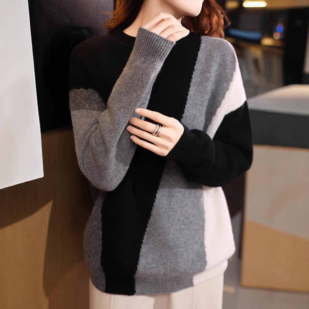2024 Women's Elegant Color Block Wool Knit Pullover - Round Neck Loose Casual Sweater