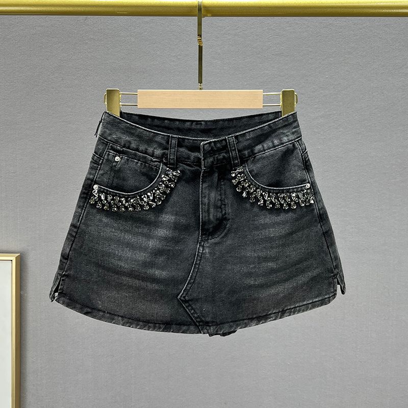 

Women s Diamond Denim Skirt Short Culottes 2025 New Arrival Summer High Waist Silm Slim Looking European Goods Distressed Skirt Black L