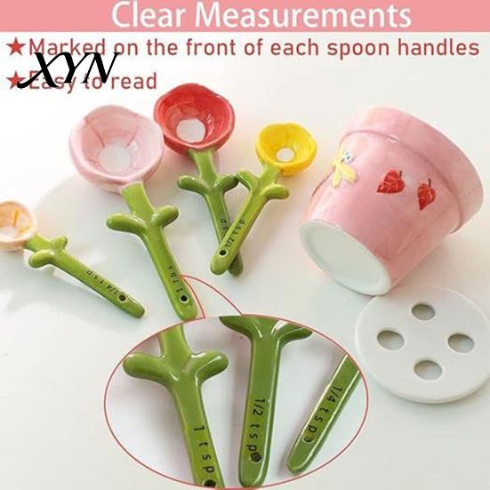 Coffee And Tea Measuring Spoons 4Pcs Flower Set, Ceramic Nesting Cups with Stand, Pot Spoon Set Cute Kitchen Baking Tool for Tea, Gift Bakers Utensil