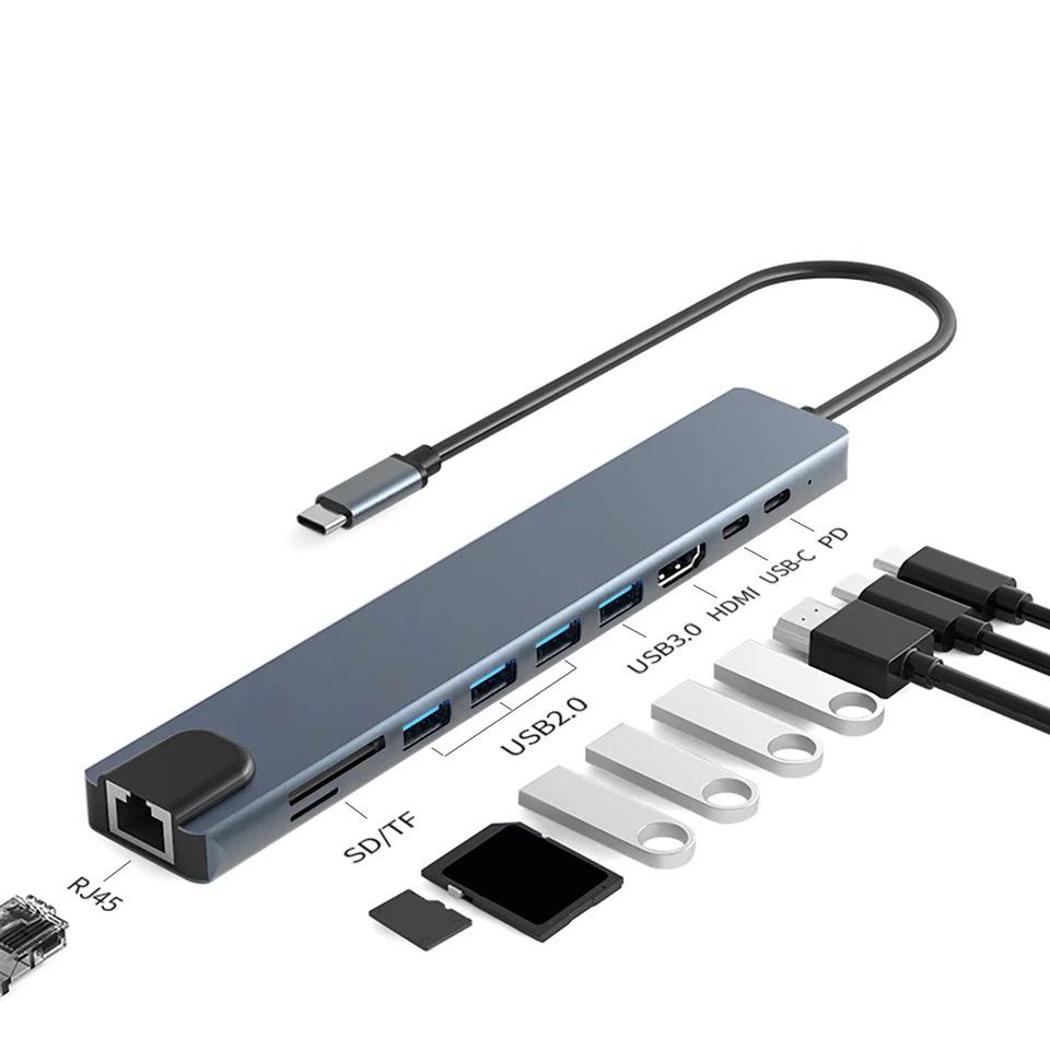 מתאם רב-תכליתי 10 ב-1 USB-C ל-HDTV עם 100M Ethernet ורכזת USB למובייל, מחשב, קונסולת משחקים