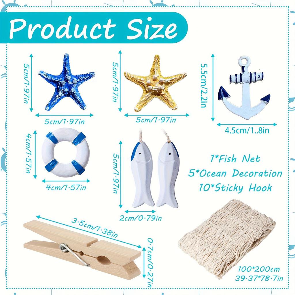 Nautical Wall Décor Set: Fishing Net, Lifebuoy, Anchor, Starfish, Fish, and Photo Props