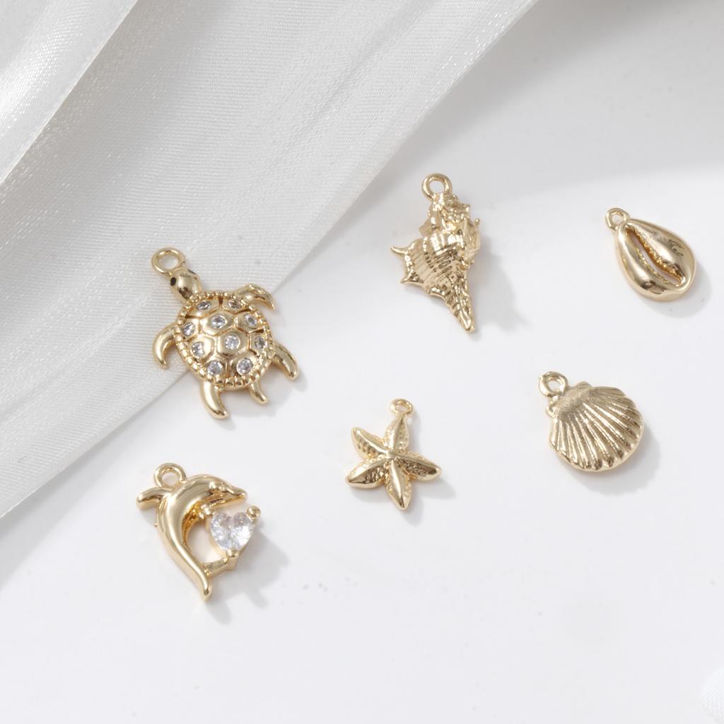5pcs/set Ocean Shell 3d Brass Charms 18k Gold Plated With Transparent Zircon Marine Brass Pendant Summer Necklace Findings