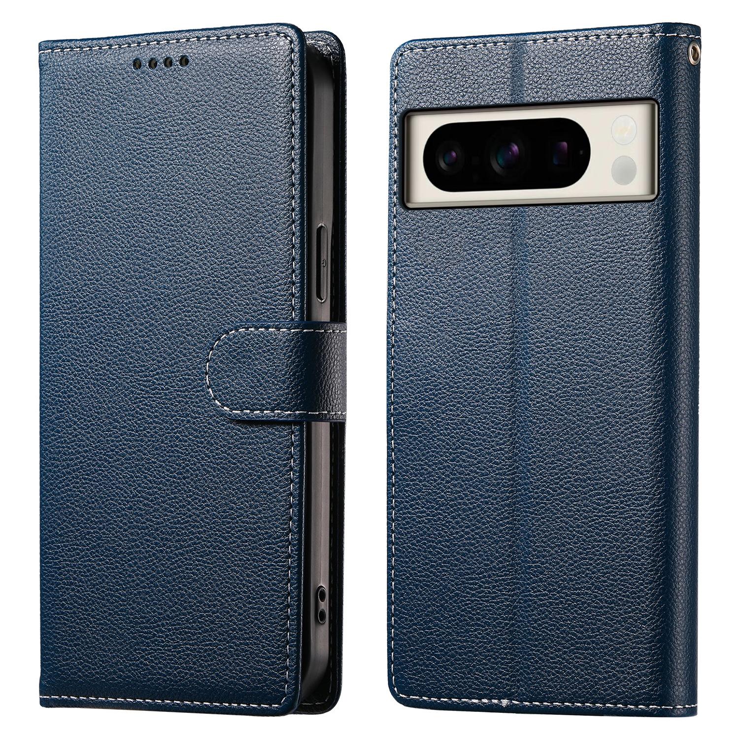 

Чехол-подставка для Google Pixel 8 Pro, кожаный бумажник с текстурой личи, чехол для телефона с магнитной застежкой Dark Blue