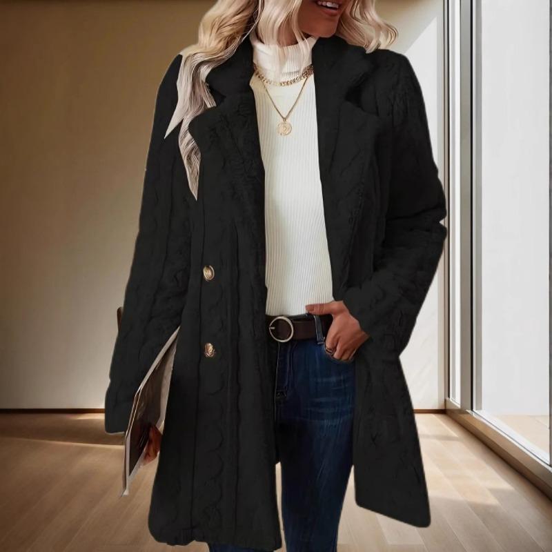 Women S Plush Double Breasted Mid Length Coat Notched Lapel Casual Warm Outerwear