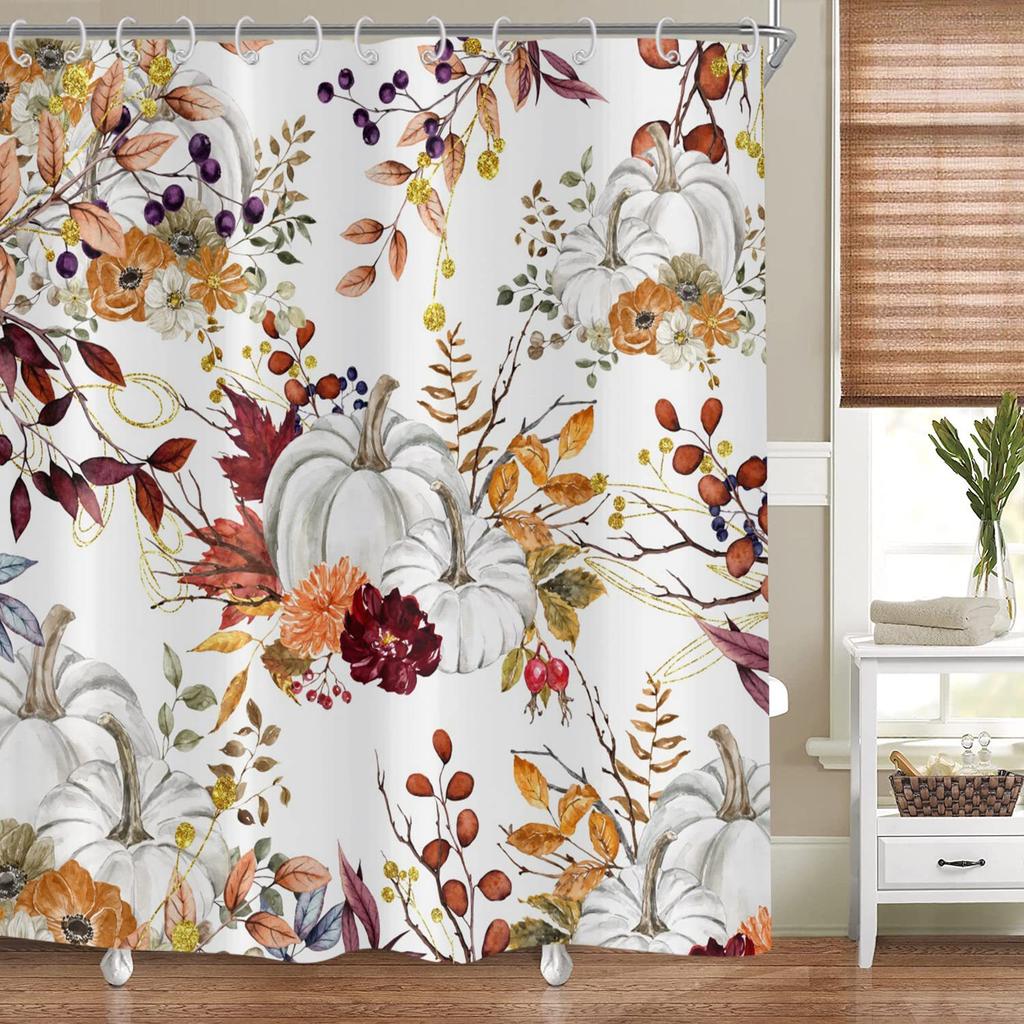 Rustic Farmhouse Pumpkins Shower Curtain 3D Printing Waterproof Fall Thanksgiving Design with 12 Hooks Bathroom Accessories
