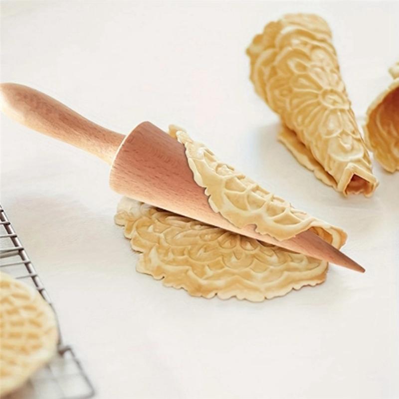 AD23-Ice Cream Waffle Cone Roller, Strong And Smooth Cone Roller, Wooden Pizzelle Cone, Handle Waffle Cone Shaped Tool