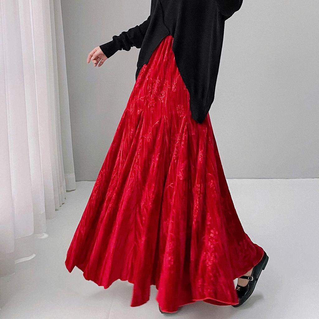 Autumn Winter Chinese Style Mermaid Half and Full-Length Skirt with Solid Color Print