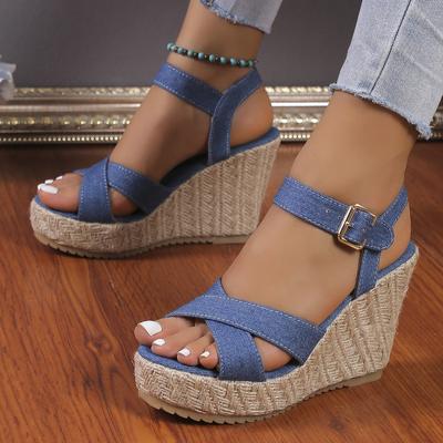 Sandale Compensée Grande Taille d'Été Dame Cowboy Simple pour le Travail Semelle Muffin Été Pente avec Sandales Femmes Talons Hauts