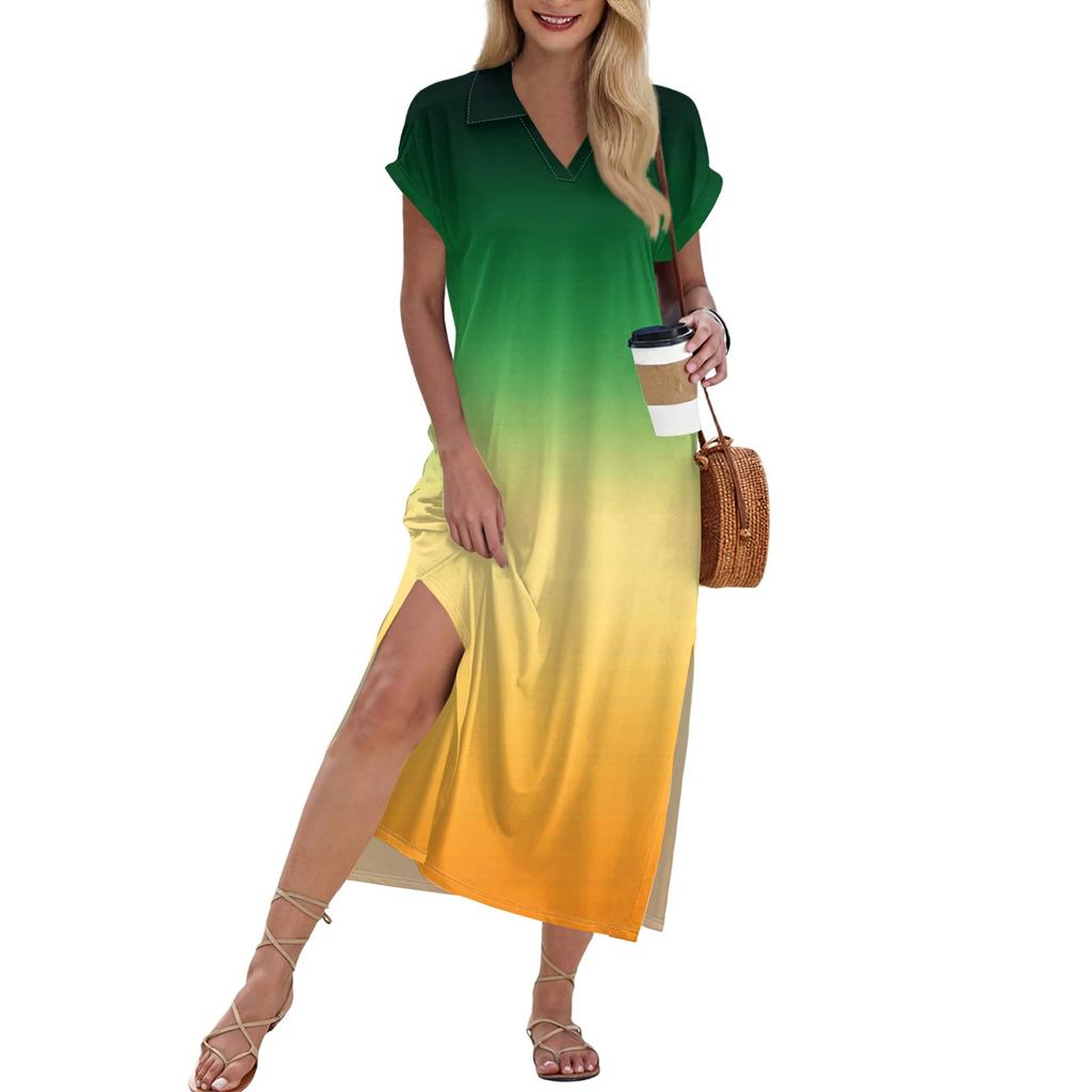 Damen Langer Rock Lässiges V-Ausschnitt Langes Hemdkleid Lockerer Schlitz Urlaub Kurzarmkleid