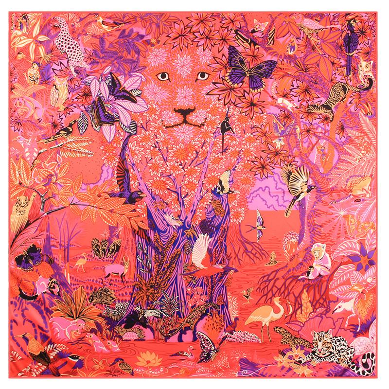 90Cm Manual Hand Rolled Twill Silk Scarf Women Foreast Animals Print Square Scarves Echarpes Foulards Femme Wrap Bandana Hijab