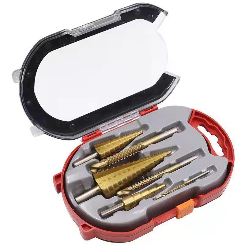 6pcs High-speed Steel 4241 Titanium Plated Step Drill Set, Triangular Handle Pagoda Drill, Woodworking Groove Saw Drill