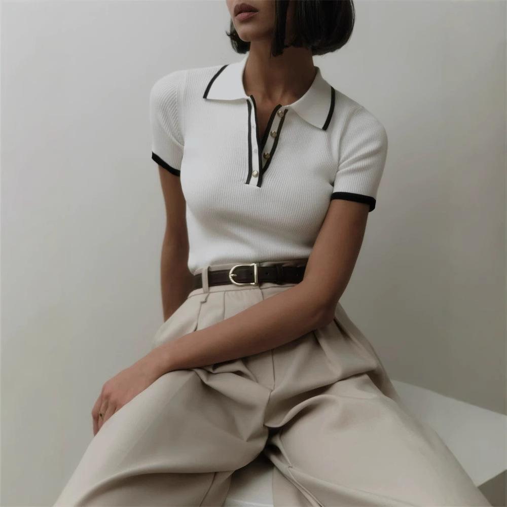 

Вязаный пуловер с короткими рукавами, лоскутный топ, элегантный облегающий пуловер с лацканами контрастного цвета S белый