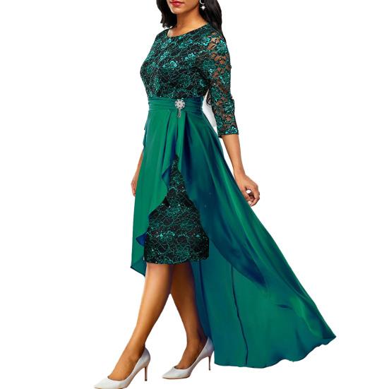 2 Pcs/Set Women Prom Dress Skirt Set Hollow Out Lace Ruffle Hem High Waist Round Neck Three Quarter Sleeve Ankle Length Banquet Maxi Dress