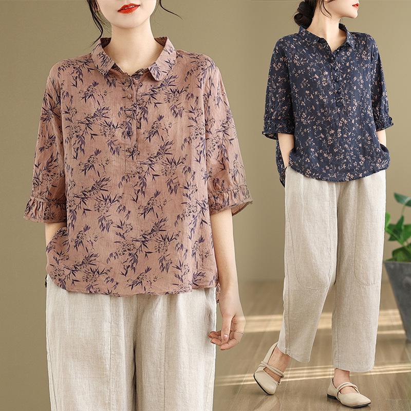 2025 Korean Style Plus Size Slimming Retro Shirt & Casual Cotton-Linen Pants Set for Women