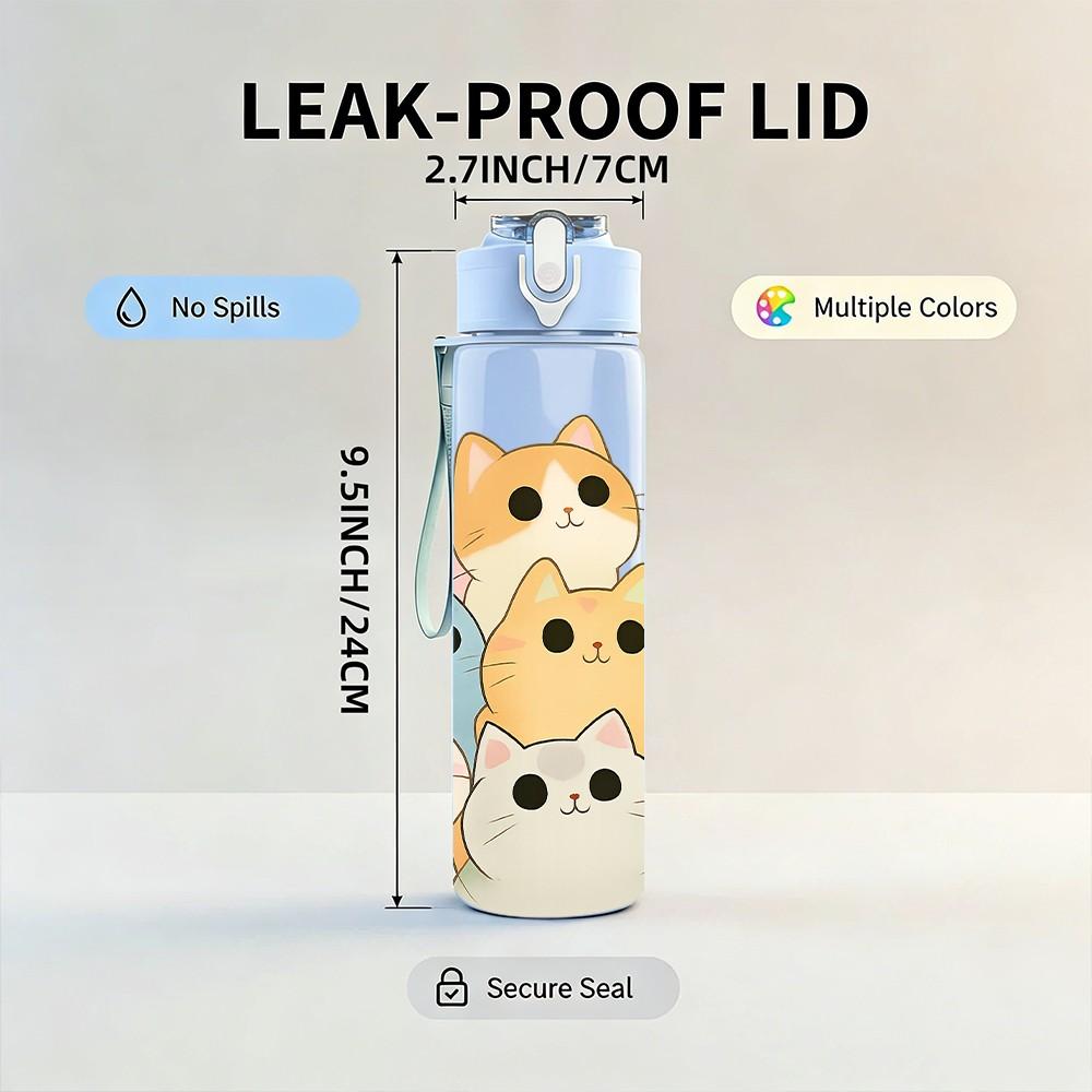 1PC Multi Breed Cat Face Cartoon Group Print 750ml Color Plastic Sports Water Bottle Leakproof Flip Straw Lid Suitable for Sports Office Home Use