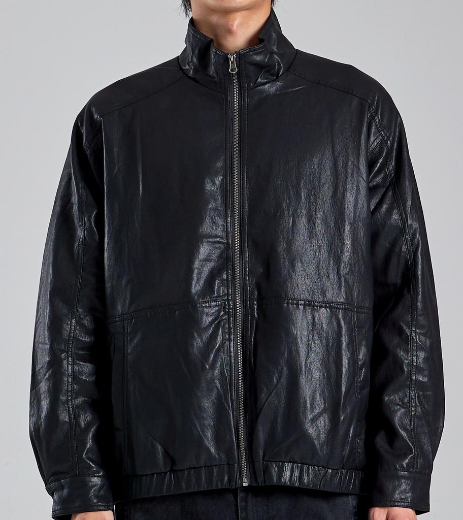 Button Seoul Minimal Vegan Leather Stand Collar Zip-Up Jacket (Black)