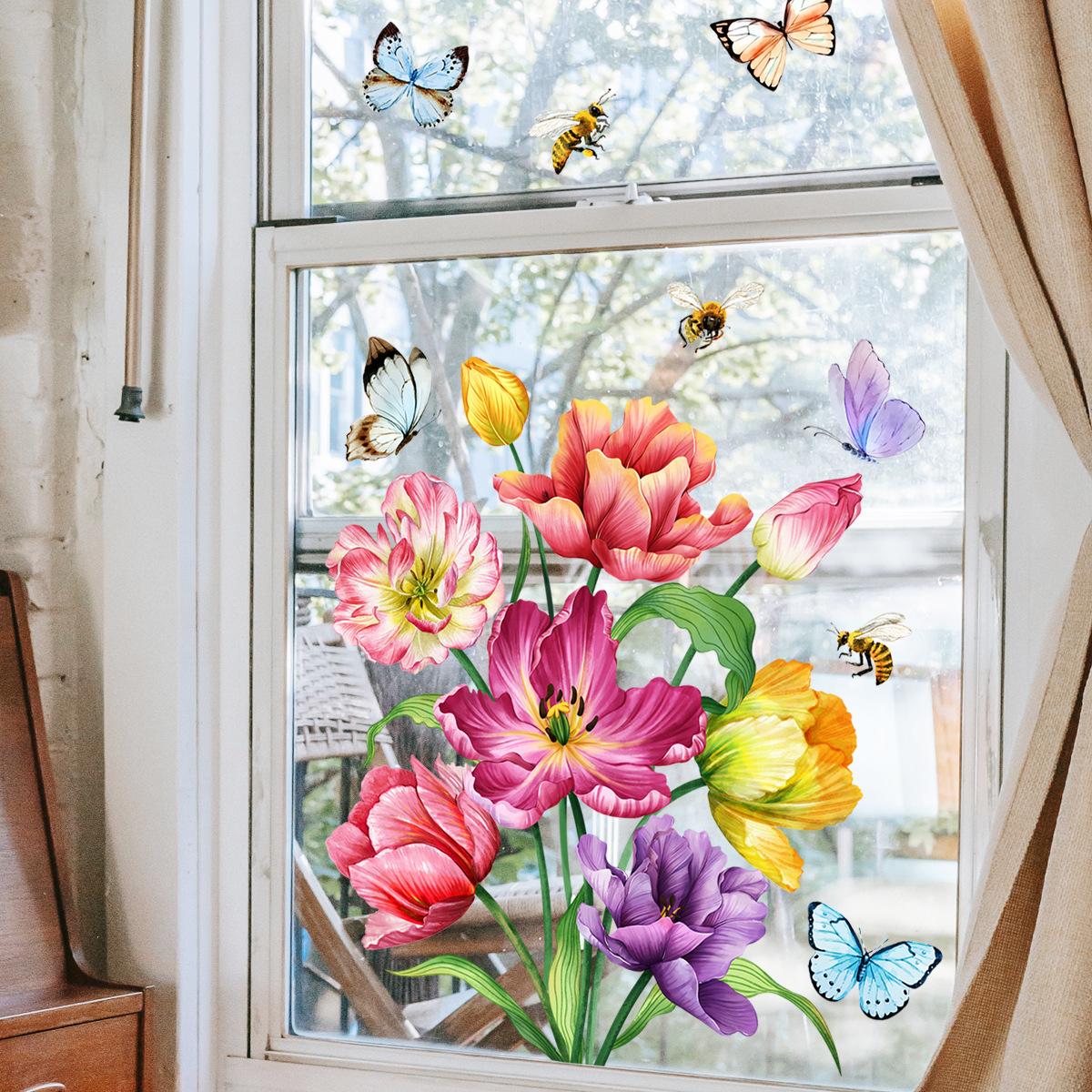 

1PC Flower Branches Bird Glass Windows Home Landscaping Decoration Electrostatic Uv Window Stickers Double-sided Pattern 30x40cm