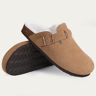 Fashion Smile Classic Winter Mules For Womens New Winter Genuine Fur Suede Clogs Cork Footbed Cozy Fuzzy Slippers With Adjustable Buckle