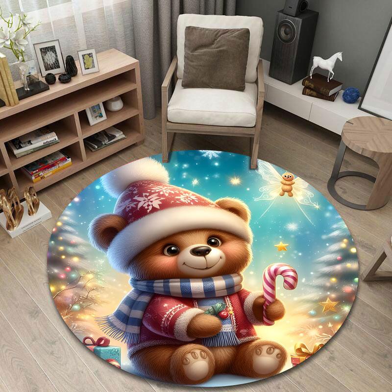 Christmas Teddy Bear Holding a Candy Cane With Gifts Round Rug, Red Green Cozy Style Design, Holiday Warmth, Soft Non-Slip Washable Area Mat