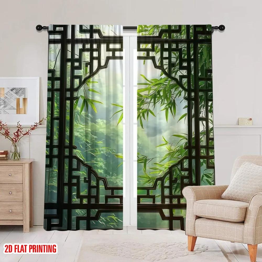2pcs 2D Flat Printing Summer Window Curtains Bamboo Leaves Blackout Polyester Festive Holiday Applies To Home Daily Decor
