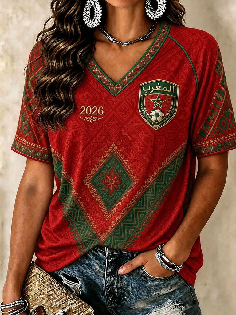 2026 Nové tričko s vlajkou marockého národního týmu Dámské sportovní oblečení s výstřihem do V s erbem "MOROCCO" a tradičním lemováním Neformální topy Dres