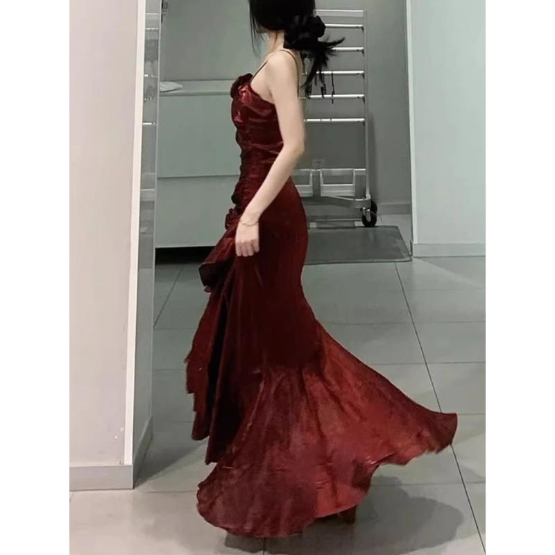 Korejské Vintage Sametové dlouhé šaty Dámské Luxusní Tenká Mořská Panna Špagetové Pásky Květinové Šaty Elegantní Sexy Ležérní Společenské šaty