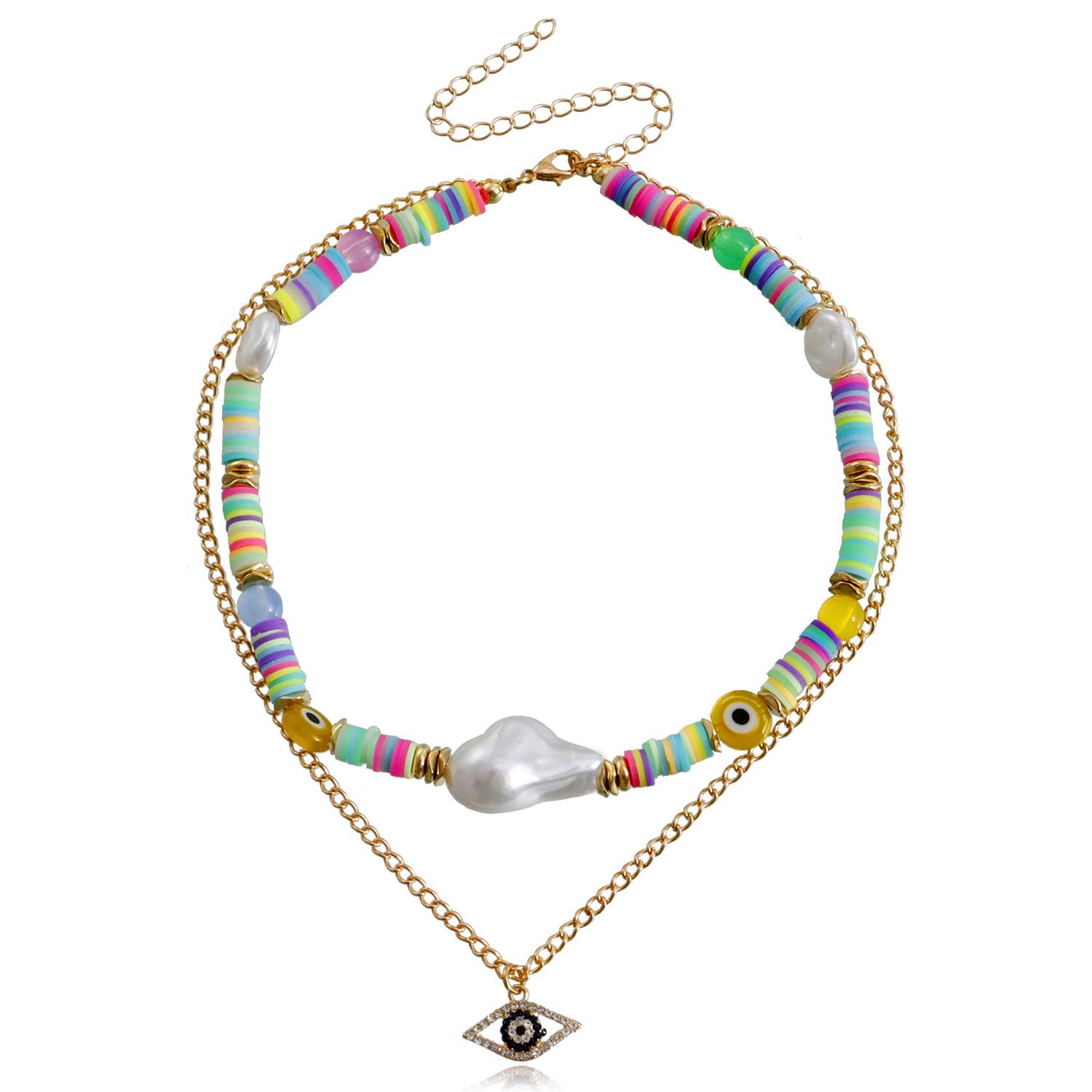 

Summer Bohemian Multi-layer Color Soft Pottery Devil s Eye Necklace, Versatile Necklace