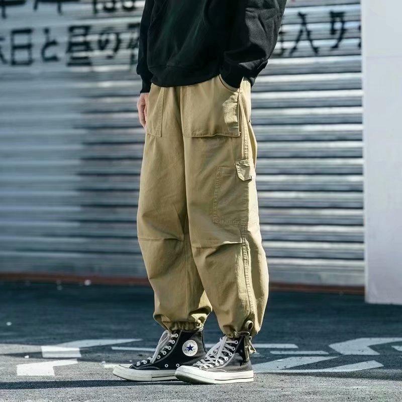 Japanese Style Cotton Cargo Pants Trendy Brand Loose Fit Wide Leg Drawstring Ankle Pants Men Casual
