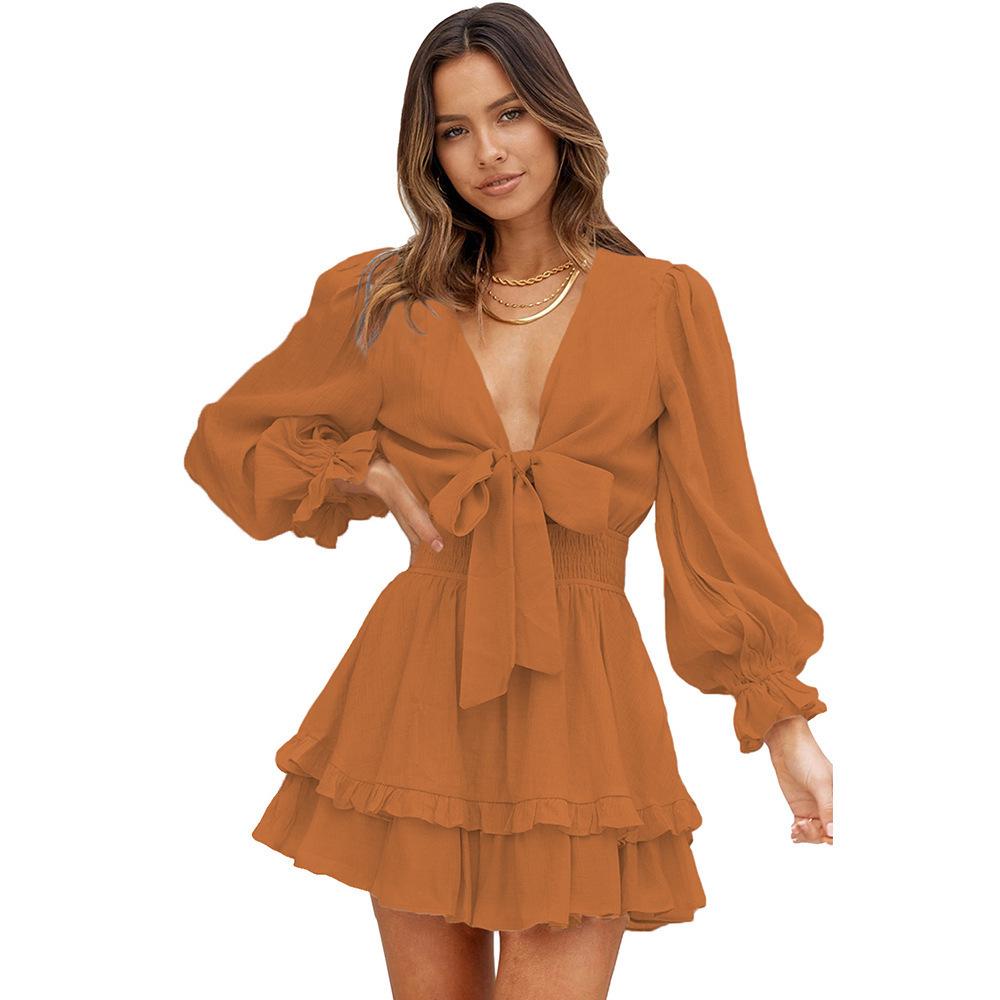 

Spring & Autumn Women s Ruffle Dress: European & American Style, Cross-border Knee-length Waist-cinching Lace-up Skirt 227391 M