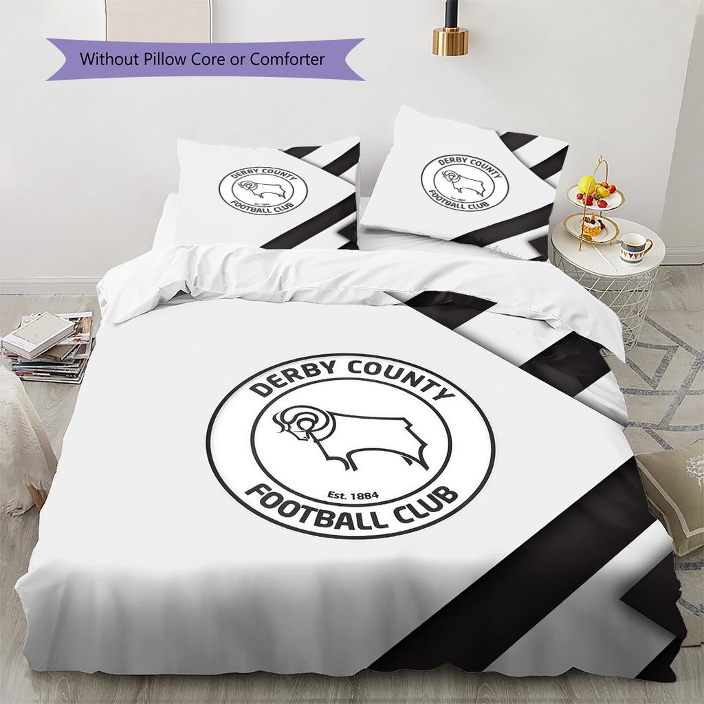 Derby County F.C Muster Bettwäsche Steppdecke Set Heimdekoration Geschenk (1 Bettbezug + 2 Kissenbezüge (ohne Füllung))