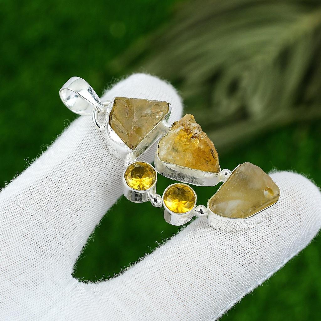 Gift For Her 925 Sterling Silver Natural Citrine Rough Gemstone Jewelry Pendant