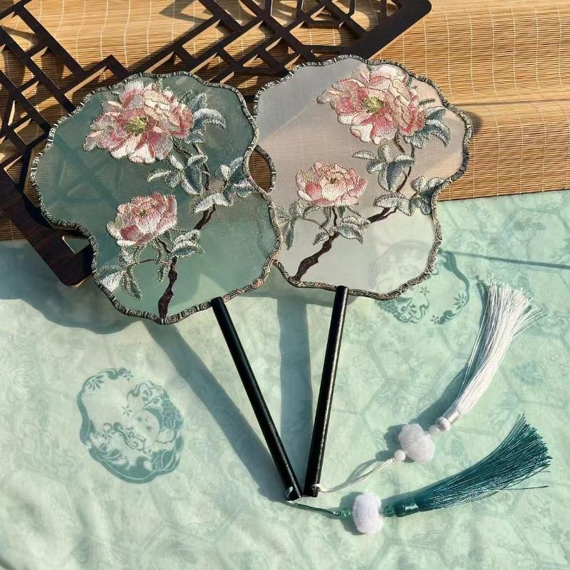 Chinese Style Hanfu Ancient Fan Dance Shooting Long Handled Embroidered Classical Double Sided Fan Female Decorative Fan