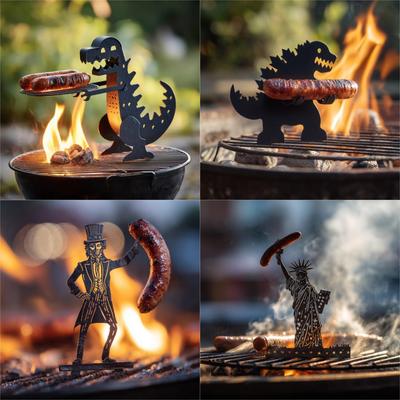 Funny BBQ Sausage Holder Stainless Steel Hot Dog Grill Holder Portable Camping Backpack Rack Picnics Dinosaur Sausage Stand