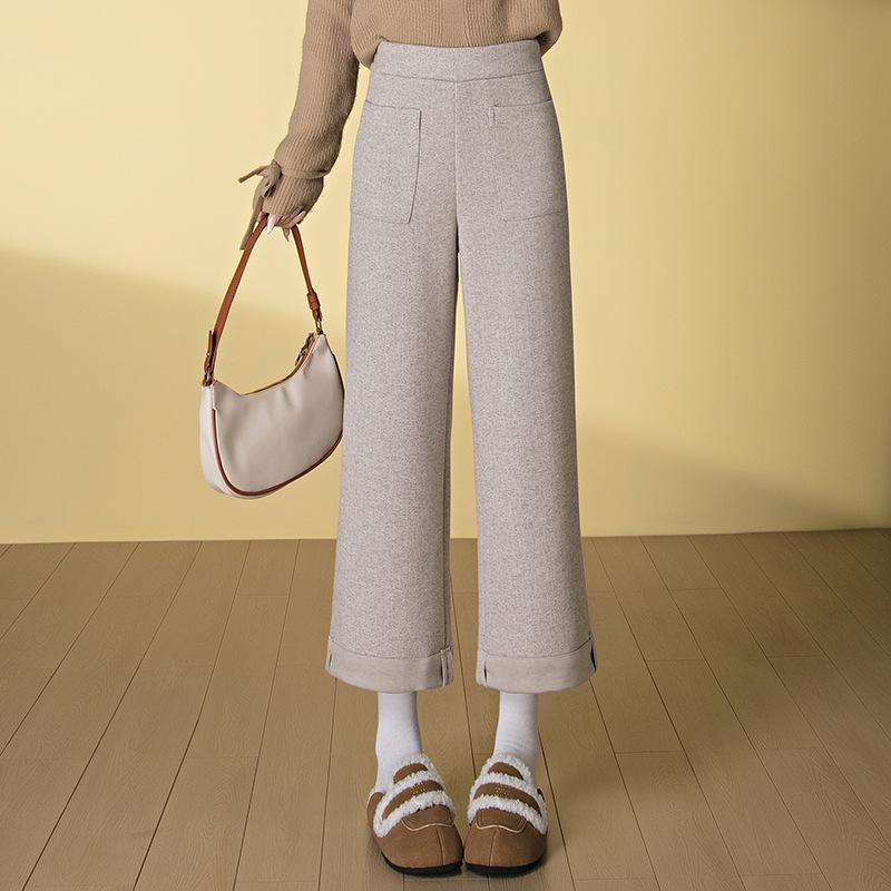 

Маленькие шерстяные брюки широкого кроя женские с высокой посадкой брюки длиной девять точек осень и зима утолщенные драпирующиеся свободные повседневные прямые брюки 32