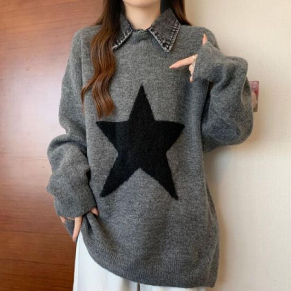 Navava Nk2434 Star Loose Fit Long Sleeve Knit Sweater