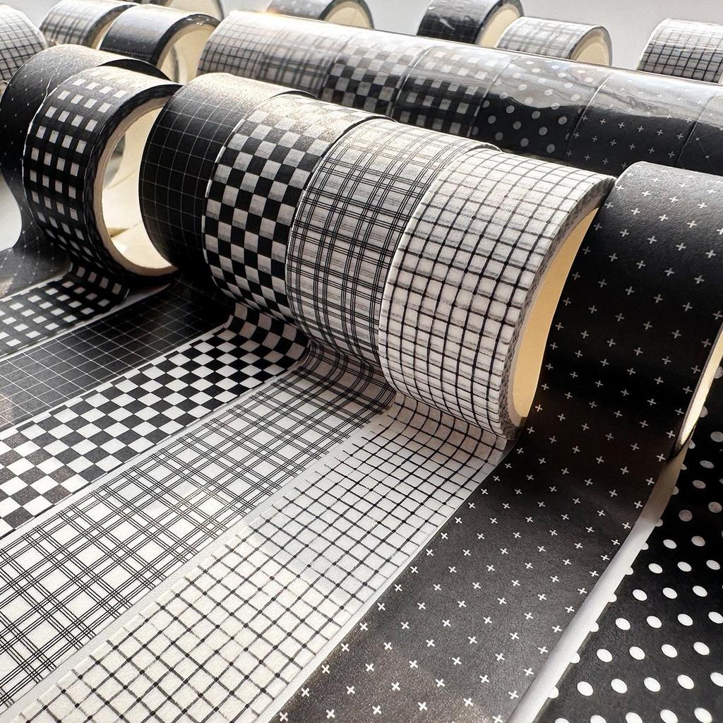 8 Rolls Plaid Washi Tapes, Black White Color Checkered Adhesive Masking Tape Classic Assorted Grid Decoration Stickers