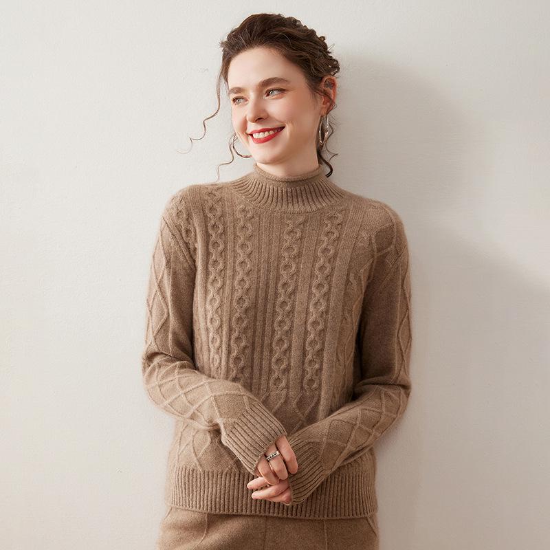 Women's Half-High Neck Cable Knit Cashmere Sweater - Diamond Pattern, Thick & Warm for Autumn & Winter