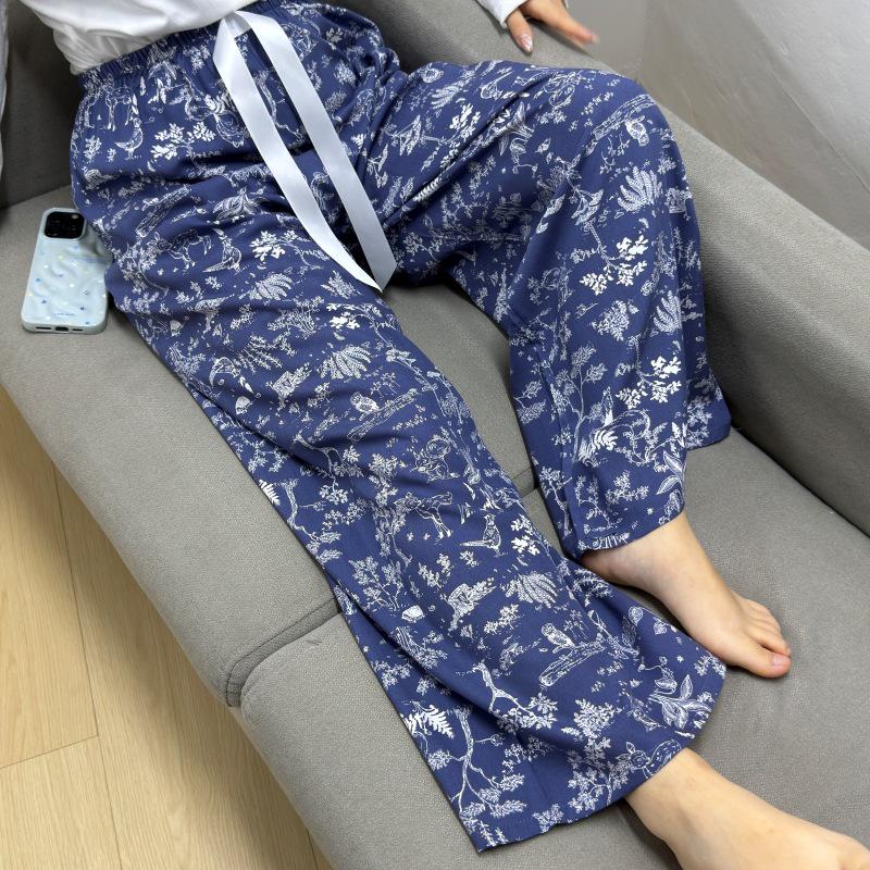 Damen-Blumen-Baumwoll-Seiden-Pyjama - Große Größen, Sommer, Leicht, Für draußen, Gerades Bein, Lockerer Schnitt