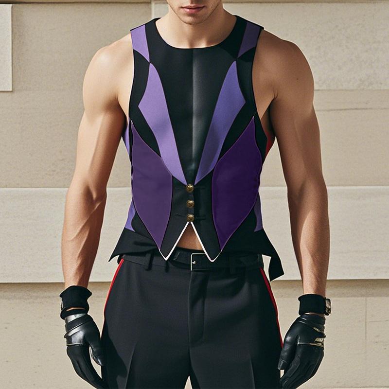 INCERUN Summer Men Sleeveless Color Block Print Casual Splits Tank Tops