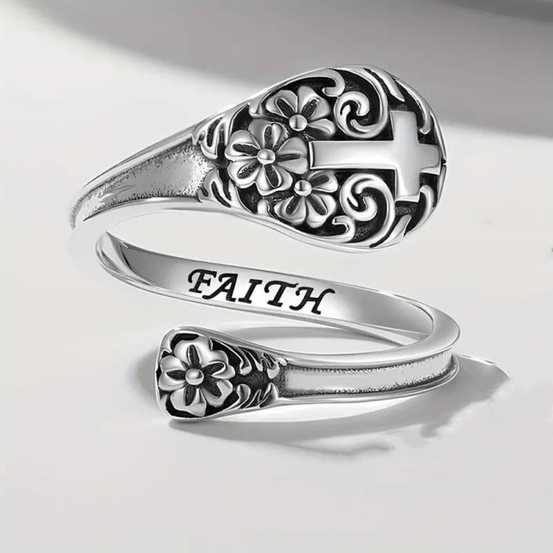 European Retro Cross Adjustable Ring with 3D Embossed Flowers