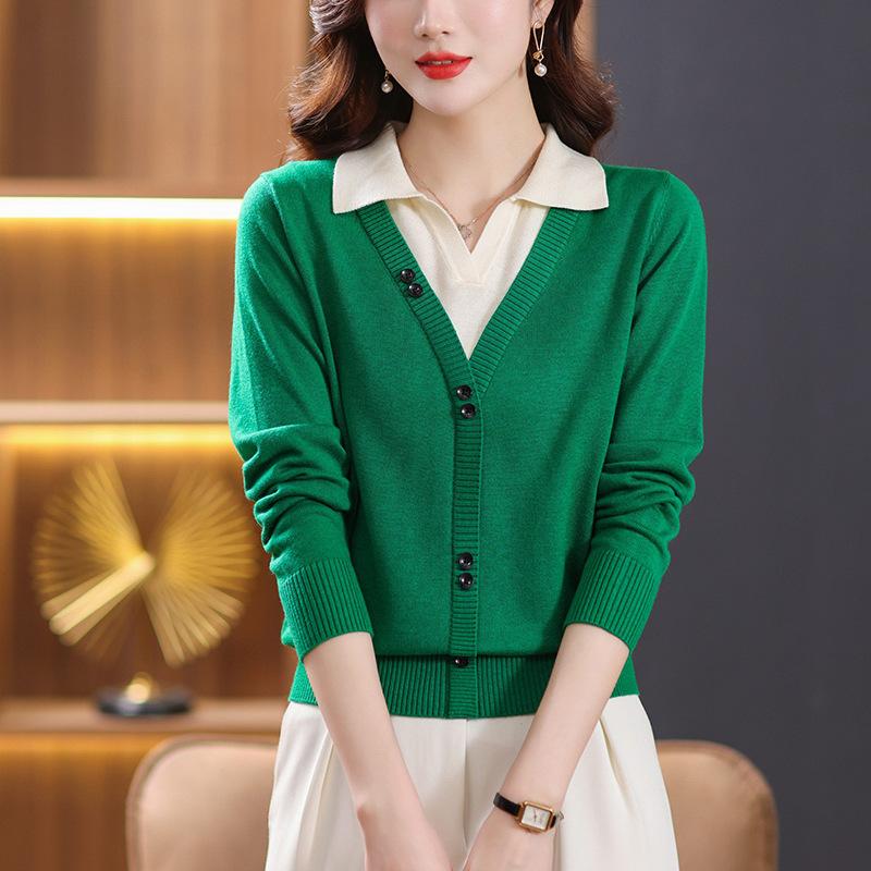 Spring new commuter lapel fake two-piece color matching diagonal buckle design comfortable light mother sweater women