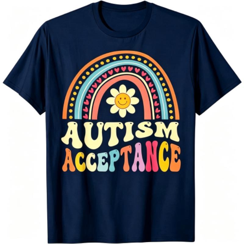 Fun Rainbow Bridge Letter Smile Flower Print Women's T-Shirts Summer Fashion Street Outdoor Casual T-shirt Tops for Men's and Women's Tees Top