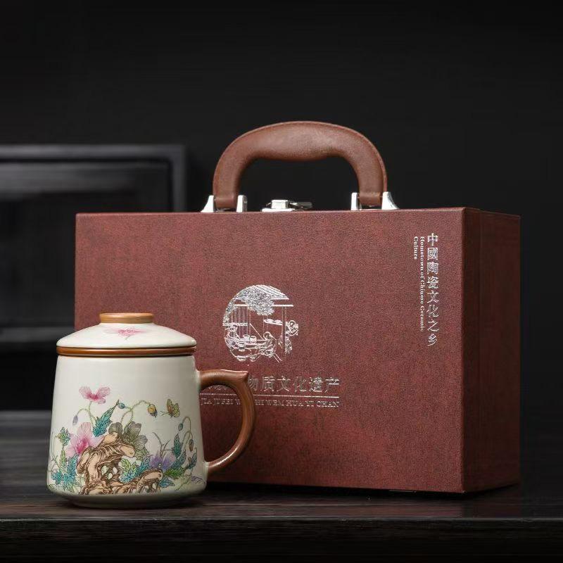 Chinese Ru Kiln Teacup Blue And White Ceramic With Lid Tea Separation Water Cup Household Special Tea Cup Office Mug