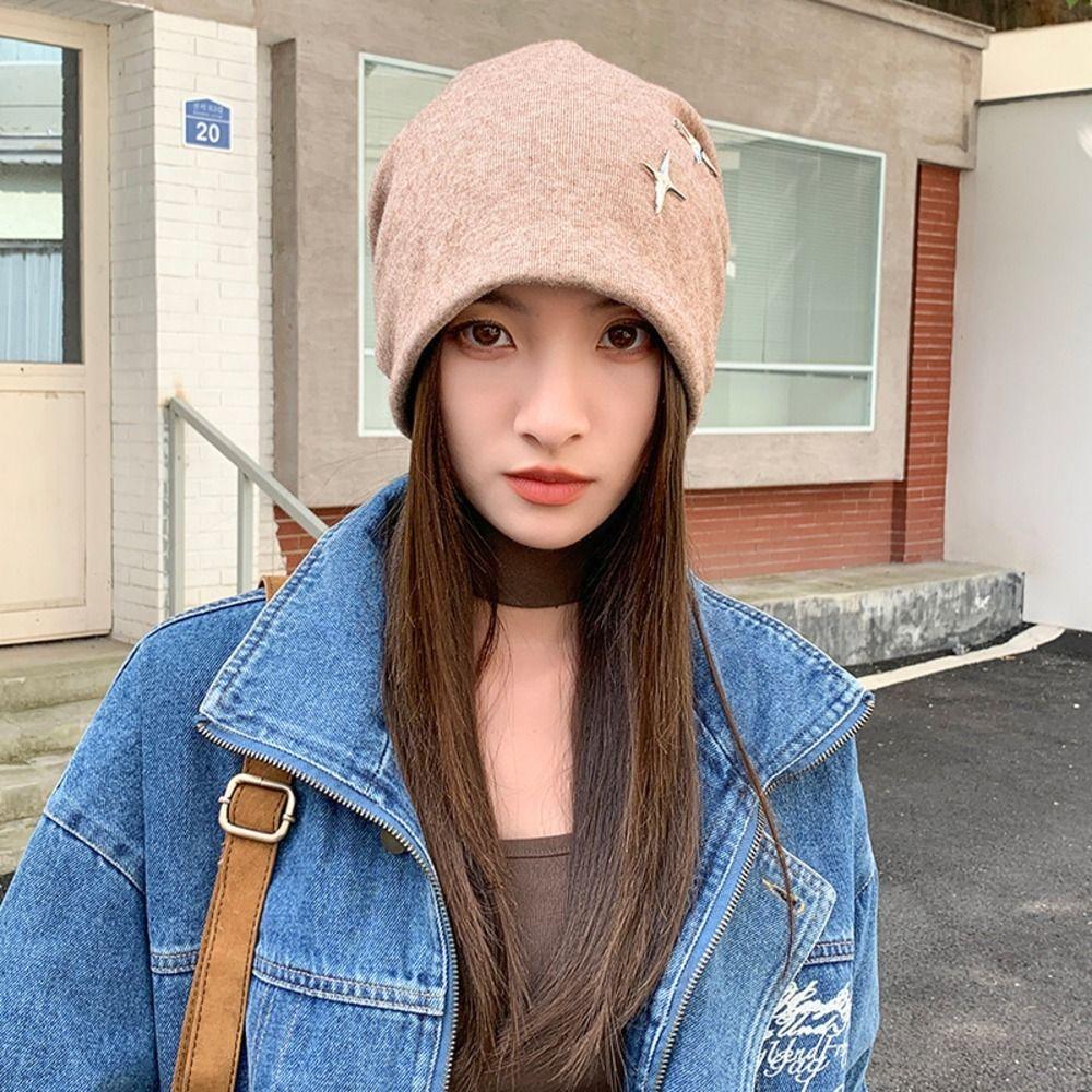 Polyester Slouchy Beanie Hat Star Decor Warm Earflap Hat Fall Winter Beanie Hat  Outdoor Activities